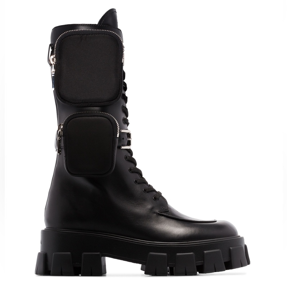 Prada Monolith Dual-Pouch Tall Combat Boots 🖤 Black Leather Platform